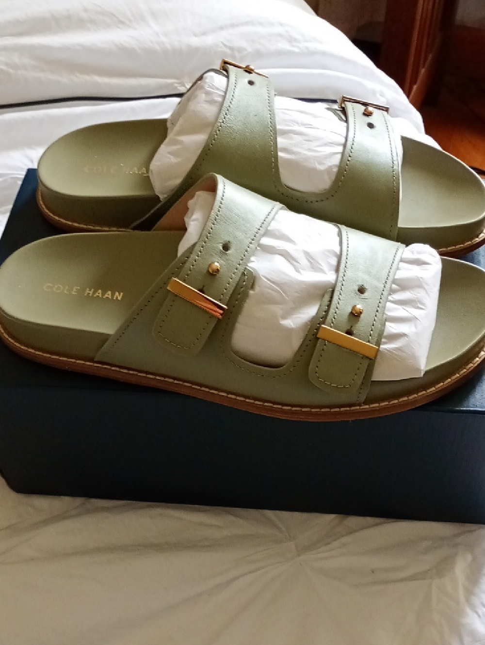 Cole Haan Olive Green Double Buckle Slide Sandals